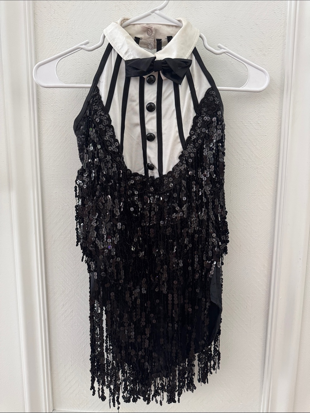 Weissman Black and White Sequin Fringe Halter Dress with Bow